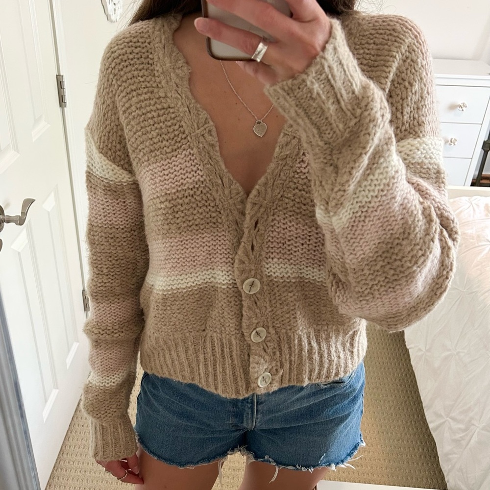 Free People Tan and Baby Pink Chunky Knit Cardigan